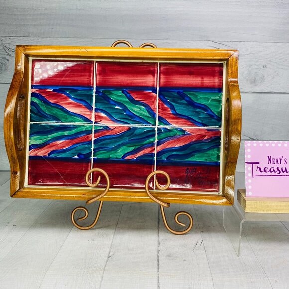 Gail Pittman RED AZALES  / FLAMES Painted Tiles Wooden Handles 1995 Serving Tray - Picture 1 of 16